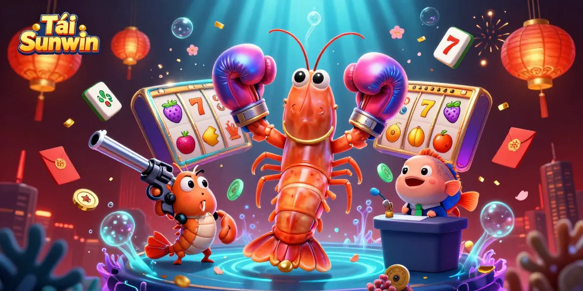 Tải Sunwin with dynamic slot reels, colorful game elements, and vibrant shrimp characters in action.