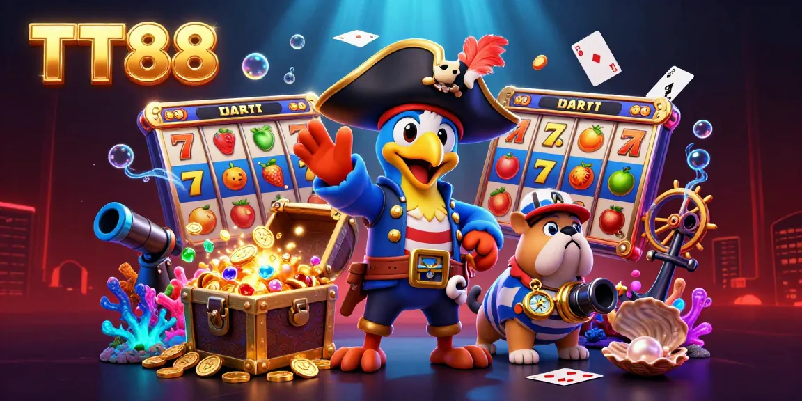 Experience the thrill of TT88's slots with a vibrant pirate-themed 3D illustration showcasing jackpot symbols and gaming excitement.