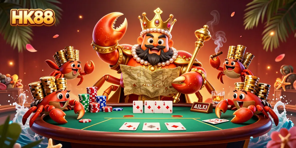 Experience the thrilling world of HK88 with a golden crab emperor presiding over a vibrant poker scene.