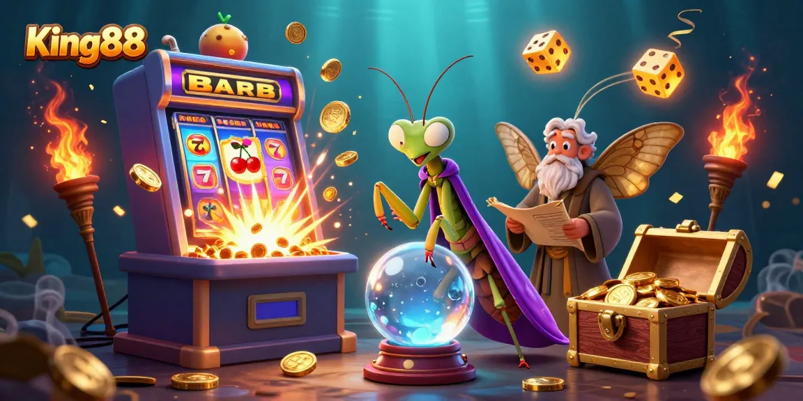 Engage with King88's casino experience in this vibrant, dynamic illustration showcasing slot games and mystical characters.