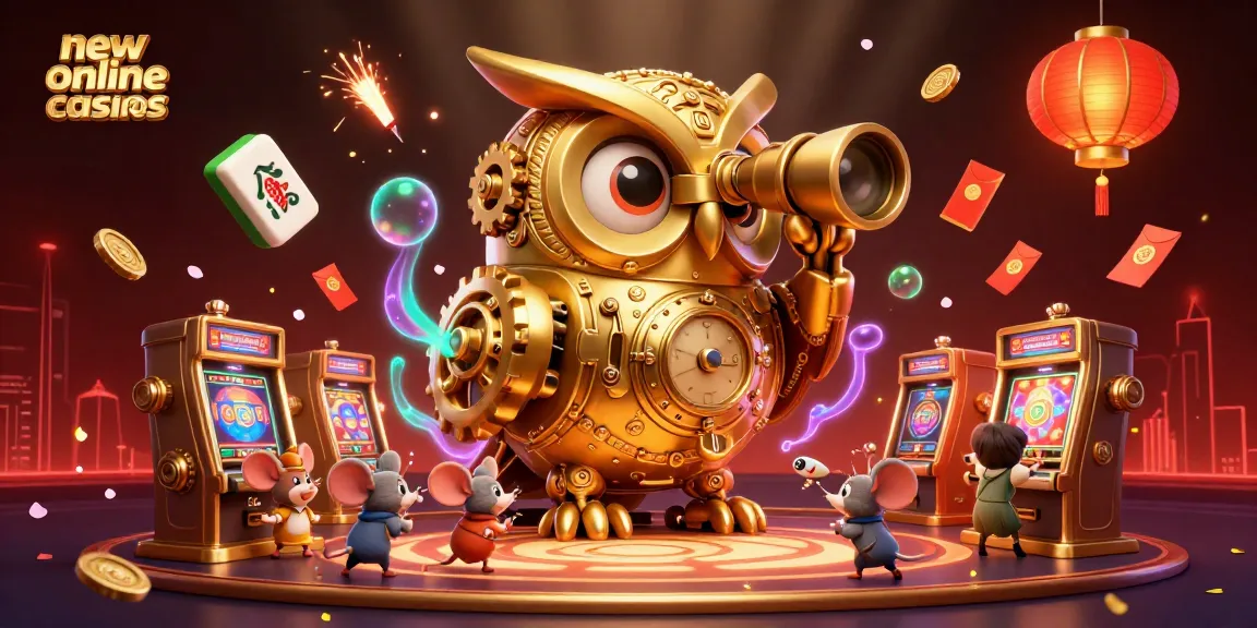 Experience exciting new online casinos with our animated casino scene featuring a clockwork owl and lively patrons.