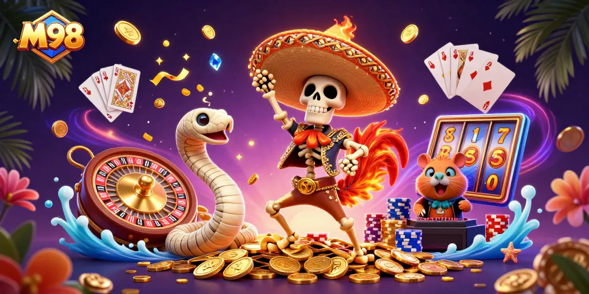 M98 brings luck with a lively 3D scene of a mariachi rooster and a zombie hamster DJ dancing around vibrant casino elements.