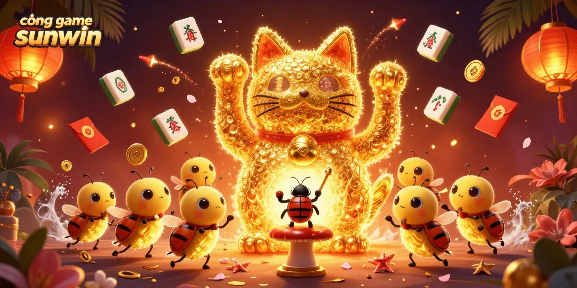 Engage with cổng game sunwin's thrilling ambiance showcasing a lucky cat and festive elements.