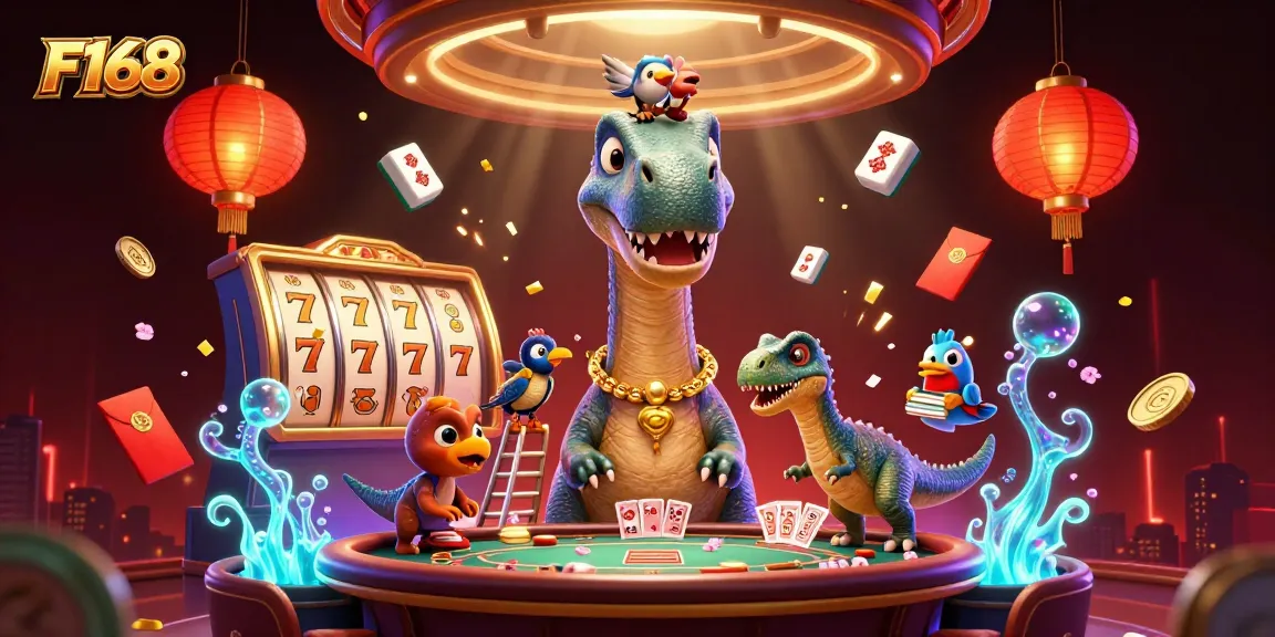 Experience F168's vibrant casino atmosphere with a towering brontosaurus dealer amidst dynamic game elements.